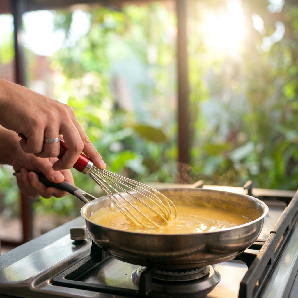 Salsa blanca espesando en una sartén mientras se incorpora leche al roux hasta quedar suave y cremosa.