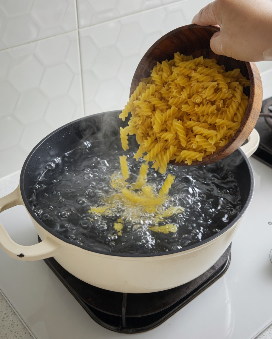 Pasta fusilli siendo vertida en una olla grande de agua hirviendo.