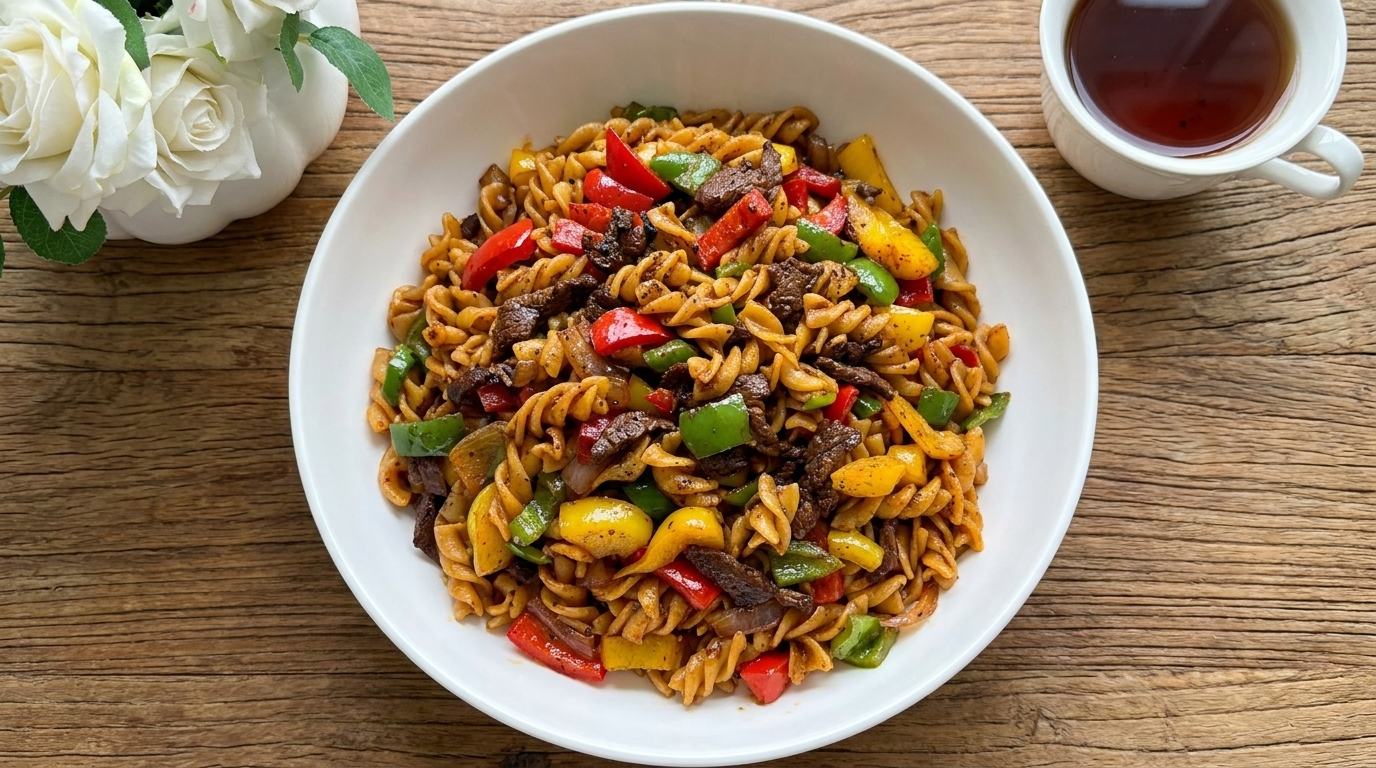 Fusilli con Ternera a la Pimienta Negra