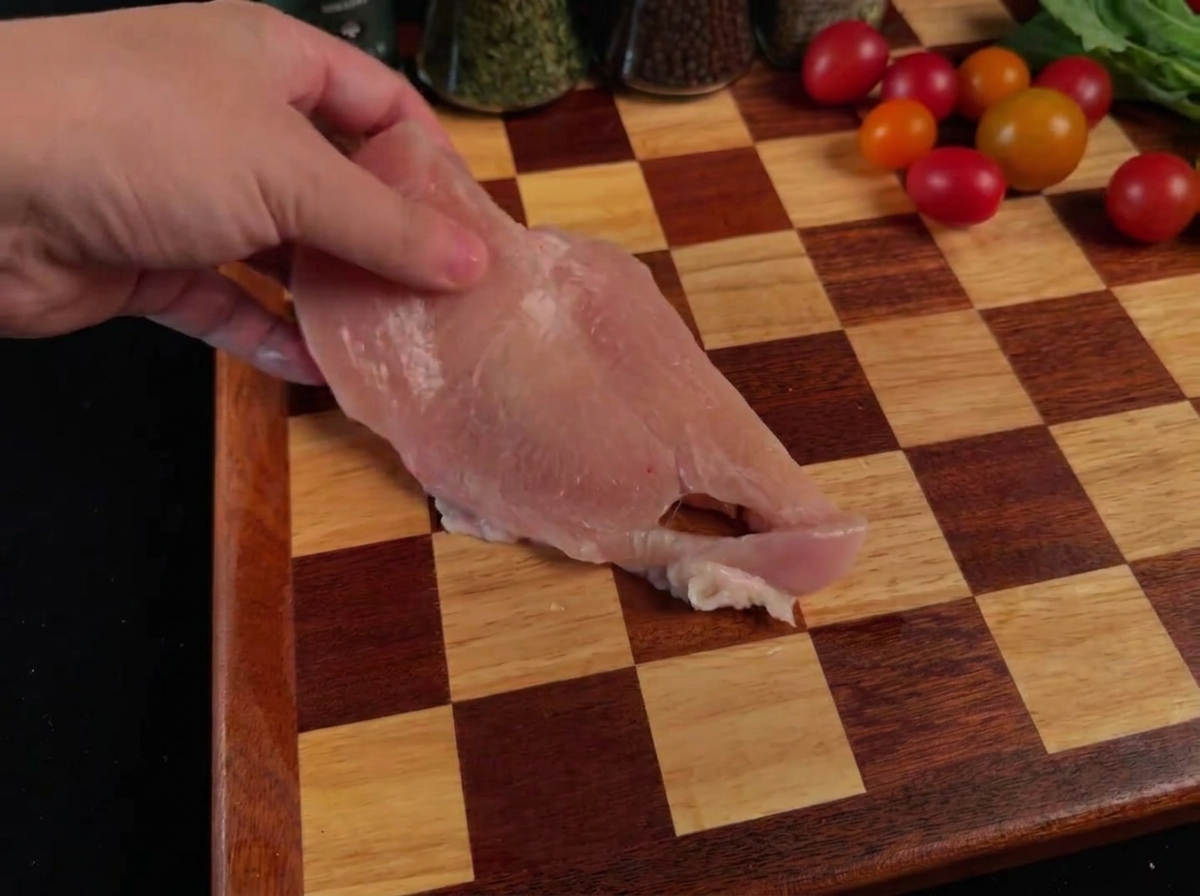 Pechugas de pollo aplanadas sobre una tabla de cortar de madera.