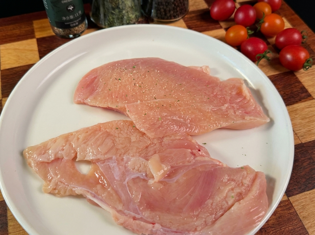 Piezas de pechuga de pollo crudas sazonadas en un plato blanco.