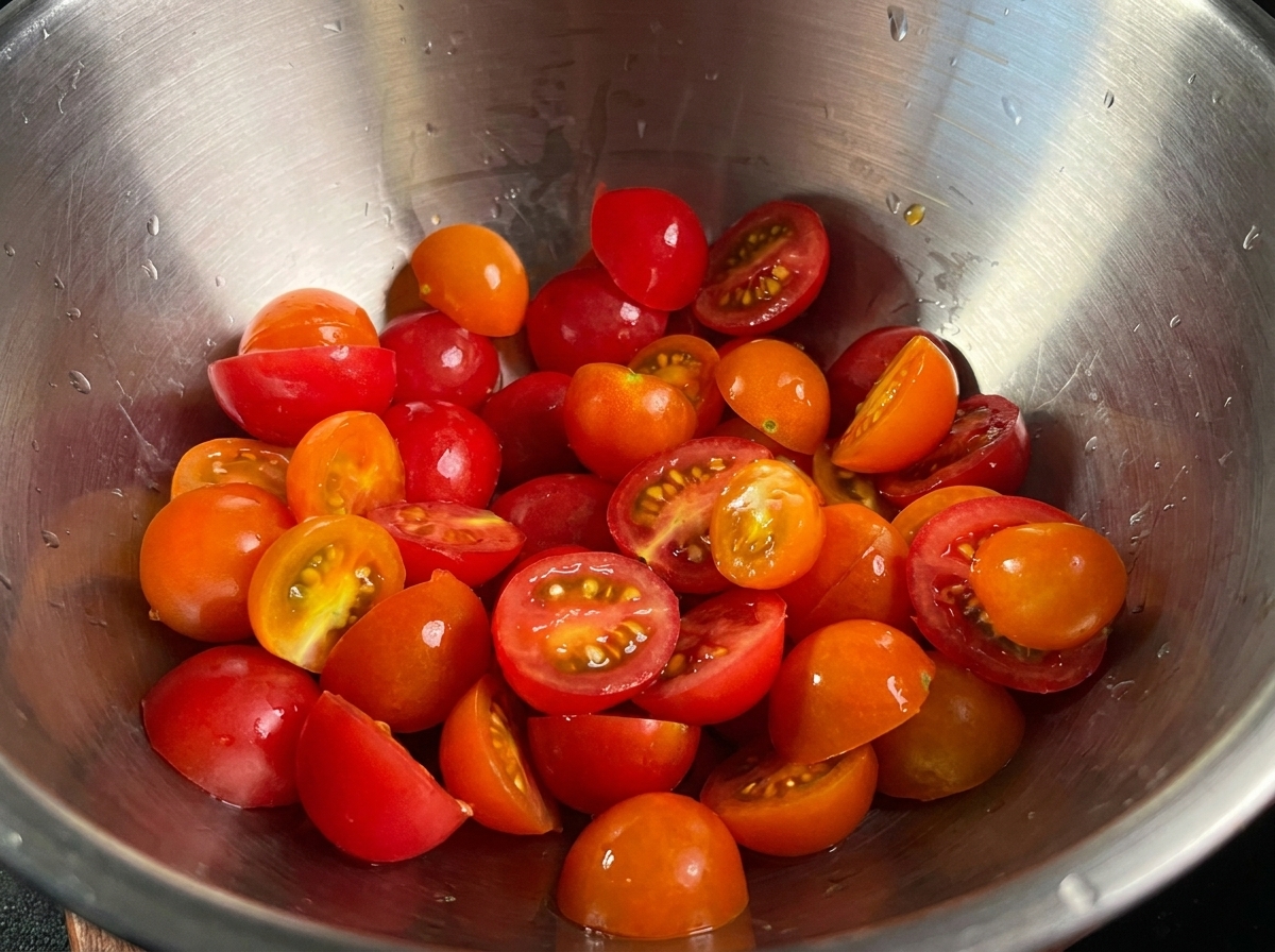 Tomates cherry cortados por la mitad en un cuenco metálico.