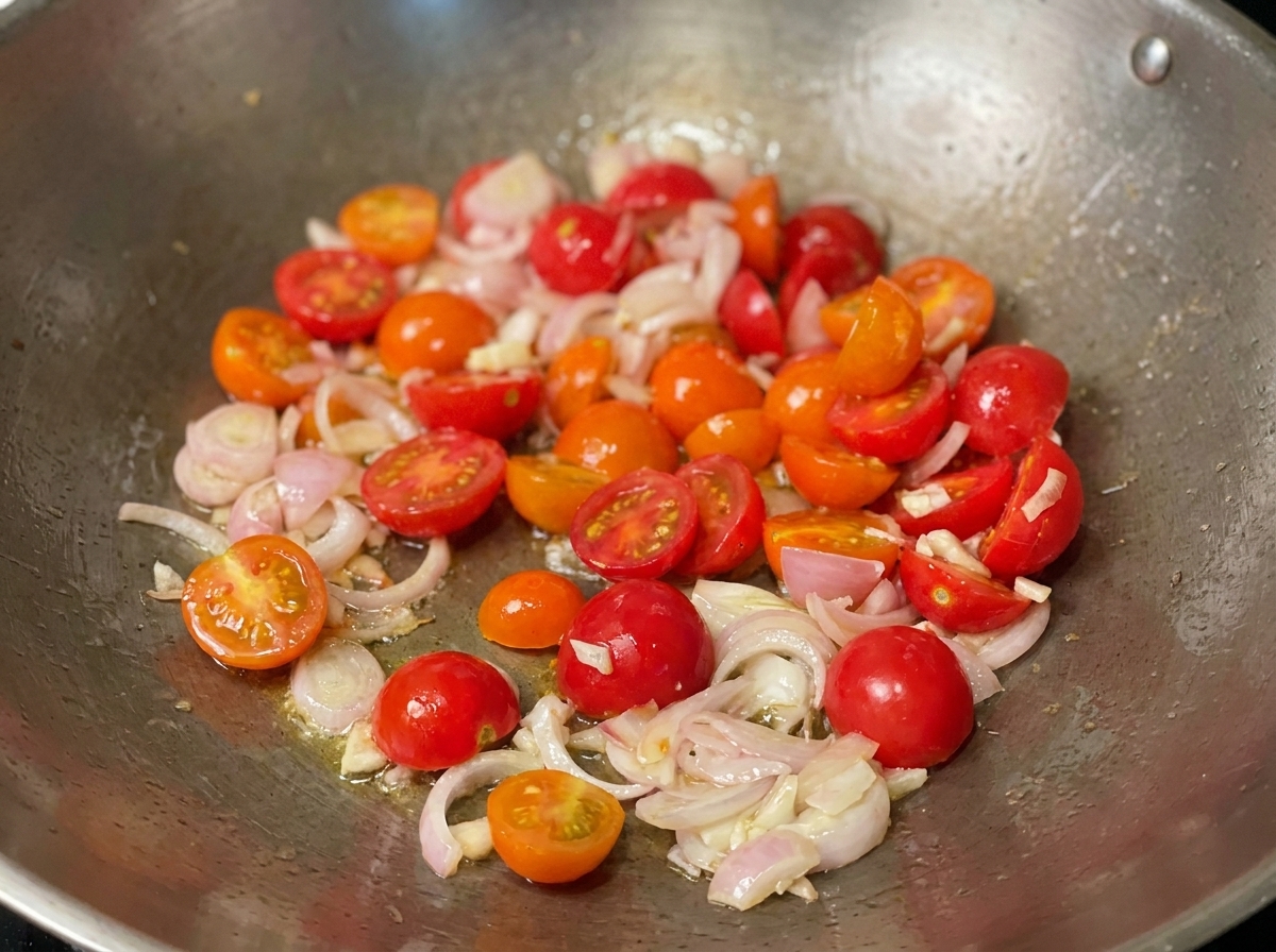 Una sartén con salsa de tomate espesa hirviendo a fuego lento con hierbas.