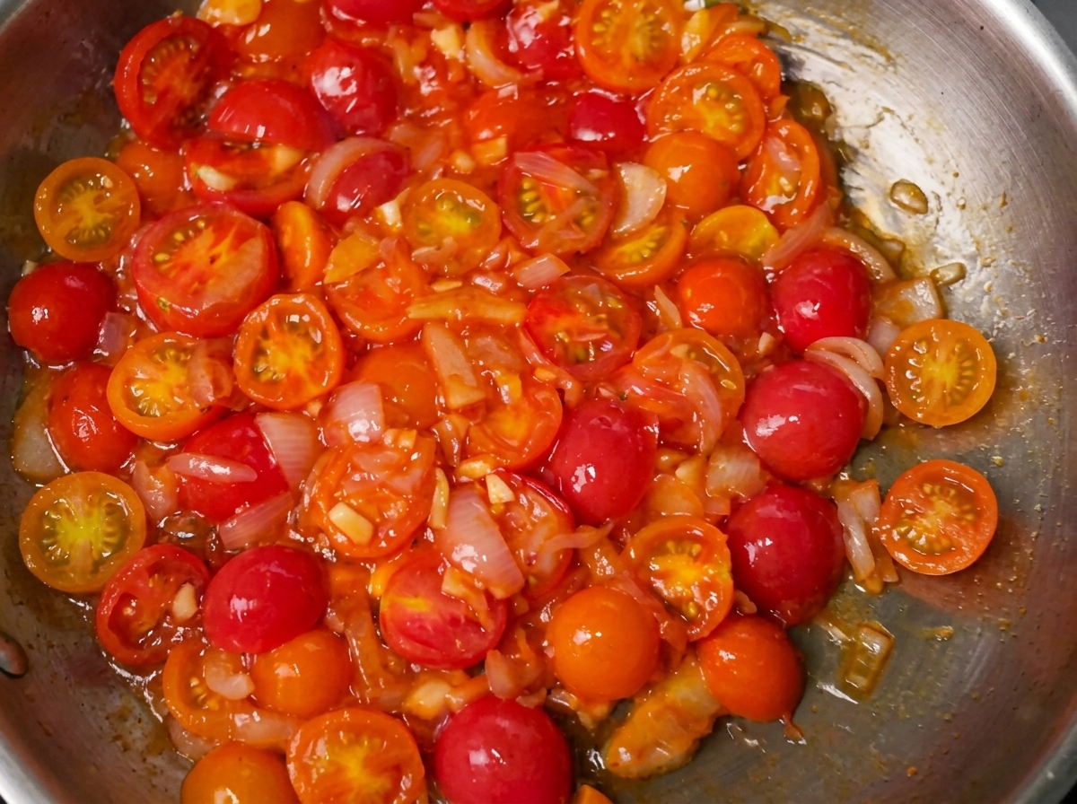 Salsa de tomate cocinándose a fuego lento con hierbas y condimentos añadidos.