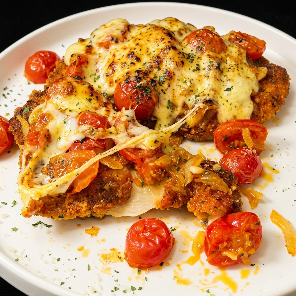 Chuleta de pollo enharinada siendo sumergida en un cuenco de huevos batidos.