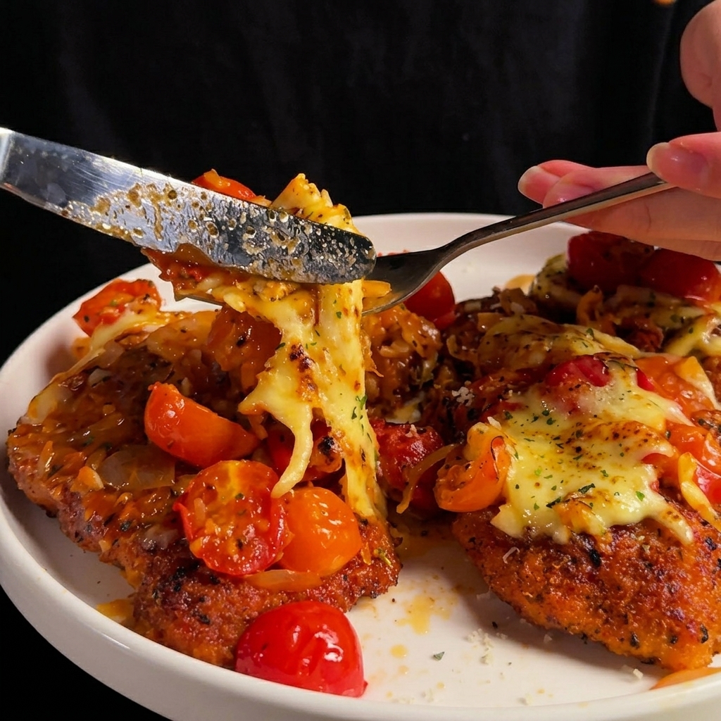 Chuleta de pollo siendo presionada firmemente en la mezcla de pan rallado y parmesano.