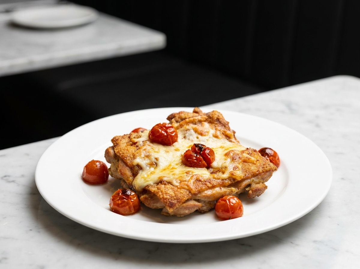 Salsa de tomate siendo vertida sobre las chuletas de pollo fritas en la sartén.