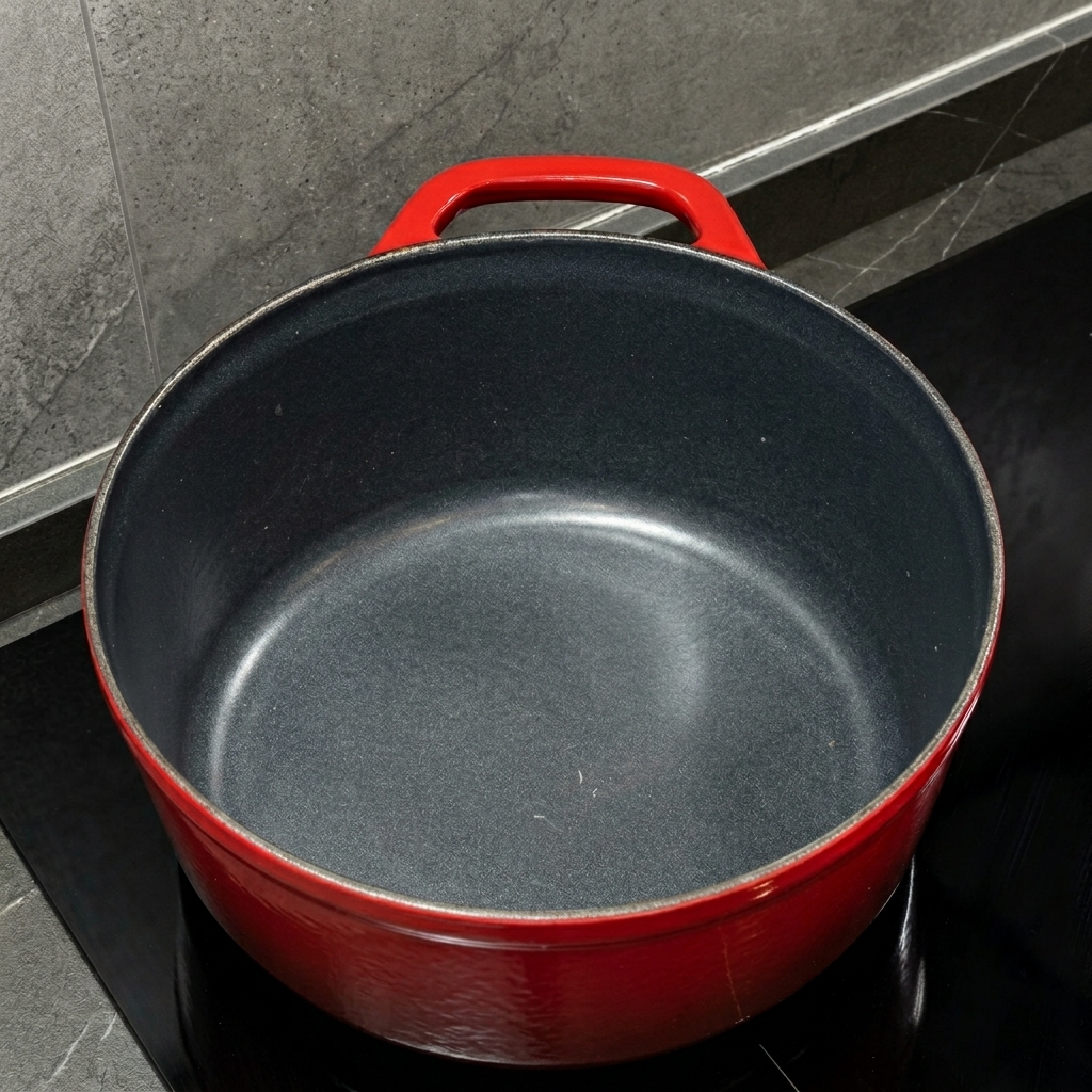 Un bloque de mantequilla derritiéndose dentro de una olla roja, comenzando a convertirse en líquido.