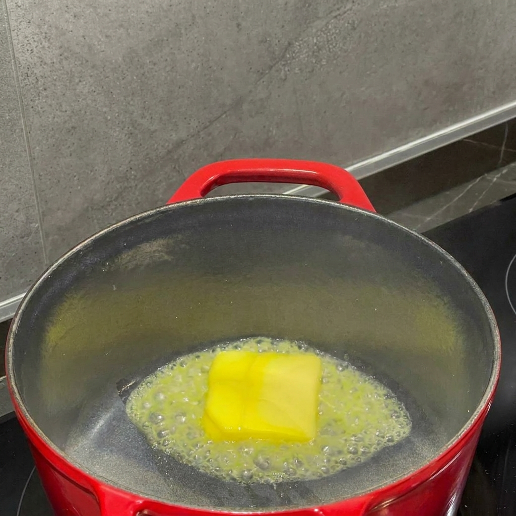 Harina mezclándose con mantequilla derretida en una olla para formar una pasta espesa y suave.