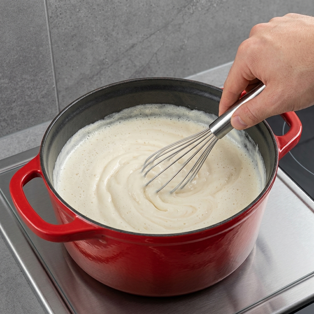 Un batidor revolviendo cheddar cortado y parmesano rallado en una salsa blanca cremosa en una olla roja.