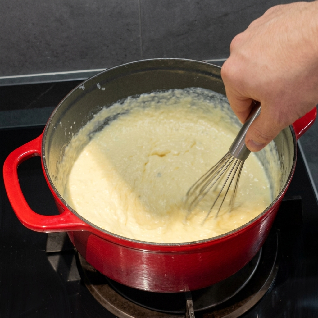 Primer plano de un batidor revolviendo una salsa de queso cremosa en una olla roja, con motas visibles de pimienta negra.