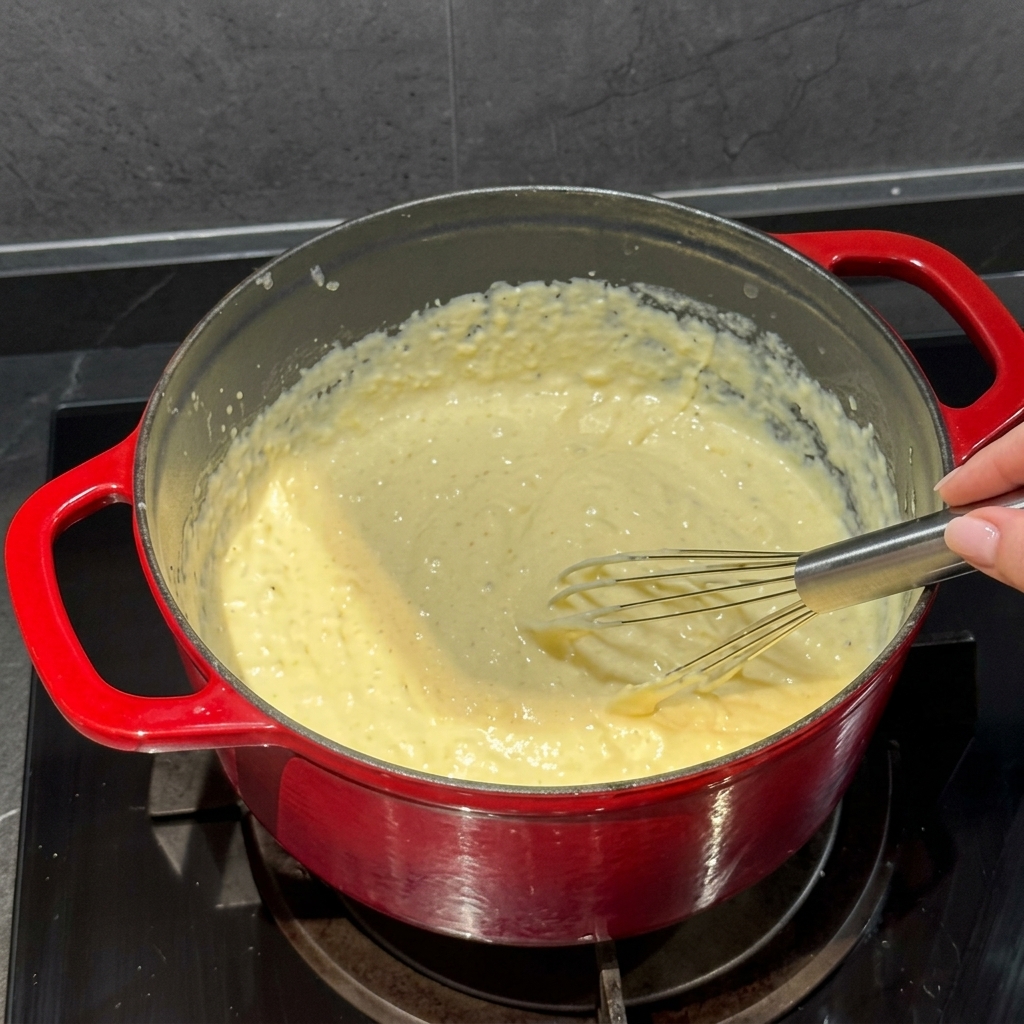 Macarrones revolviéndose en una salsa de queso espesa y cremosa en una olla roja.
