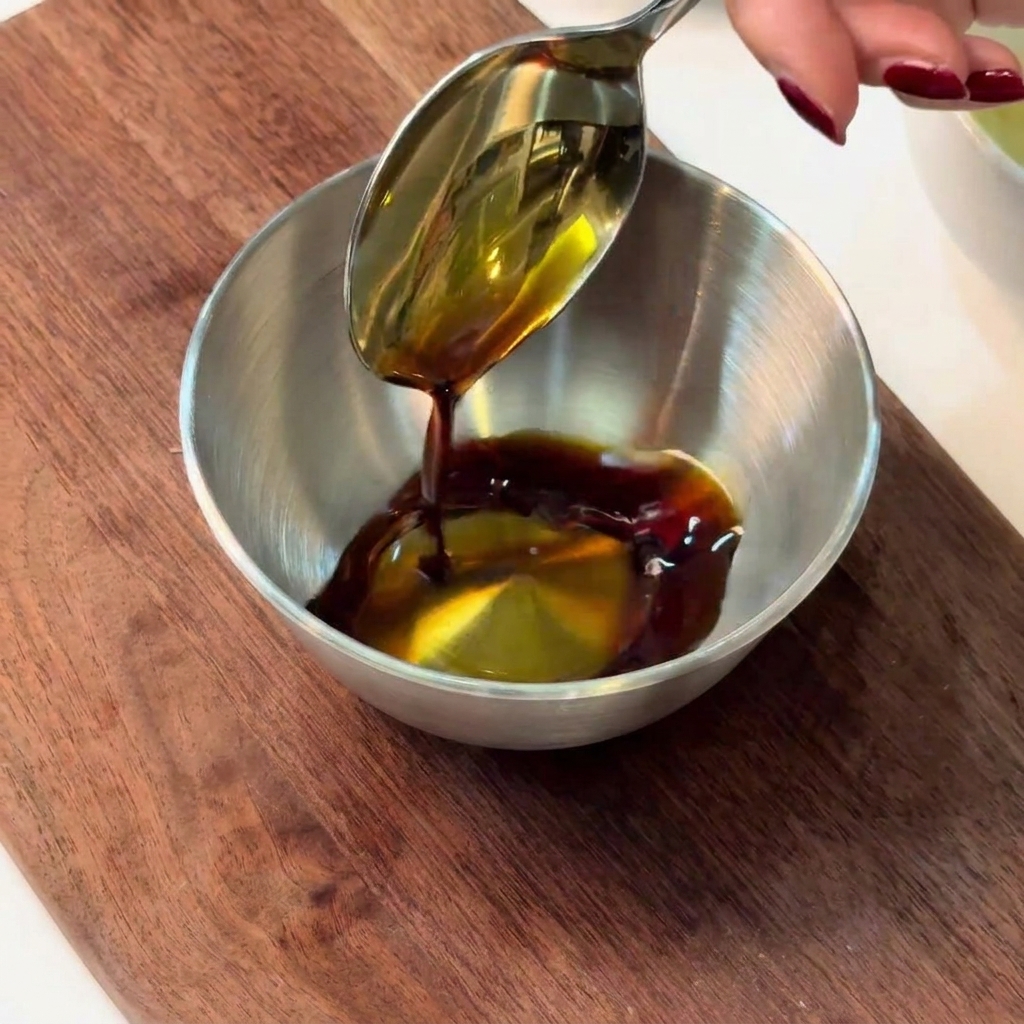 Un bol de metal que contiene los ingredientes de la salsa siendo mezclados con una cuchara.