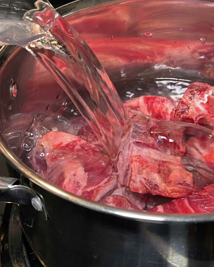 Una olla grande llena de huesos de cerdo sumergidos en agua fría, listos para ser blanqueados.