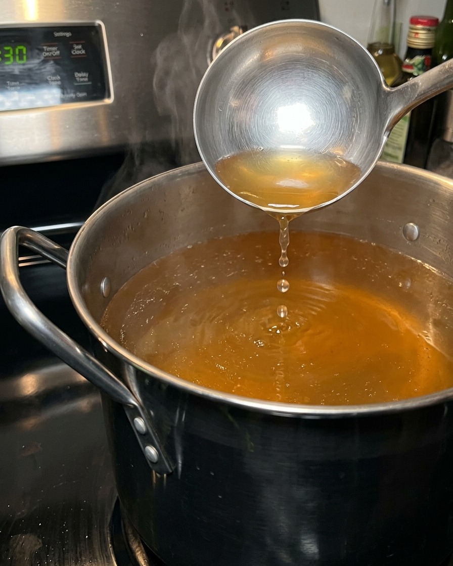 Una cebolla, dientes de ajo y rodajas de jengibre siendo agregados a una olla de caldo de huesos de cerdo a fuego lento.