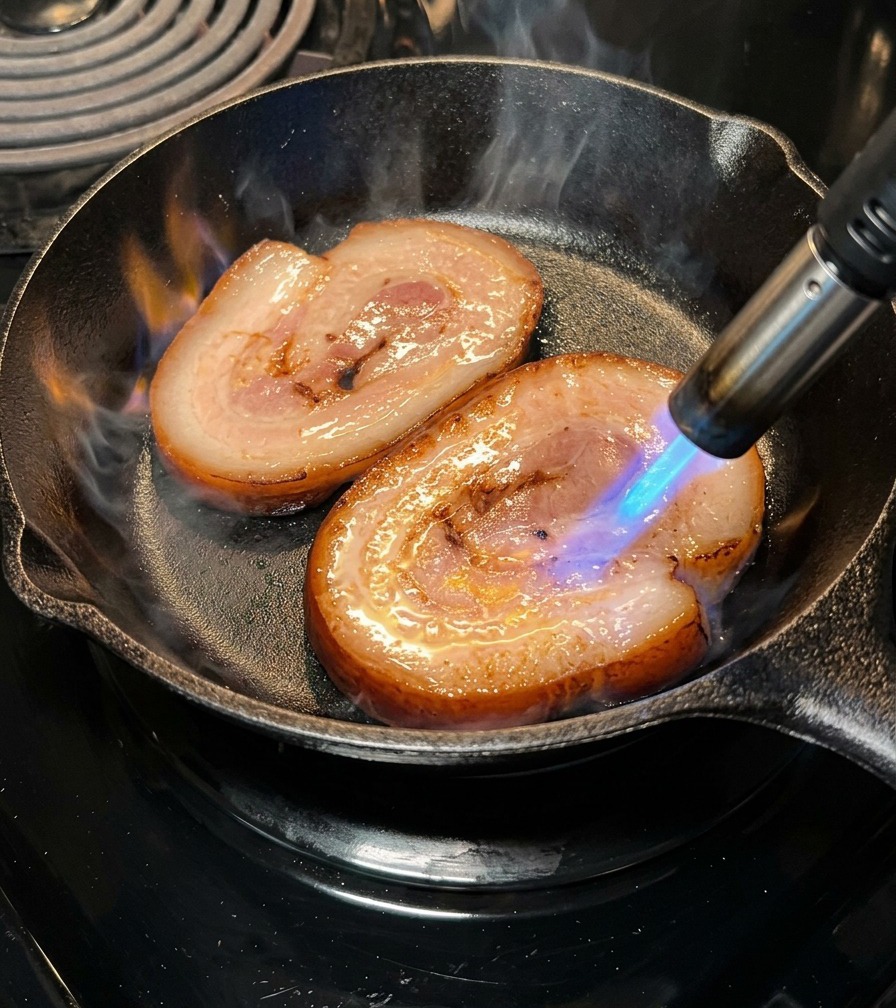 Dos rodajas de cerdo chashu siendo selladas con un soplete de cocina en una sartén de hierro fundido negro.