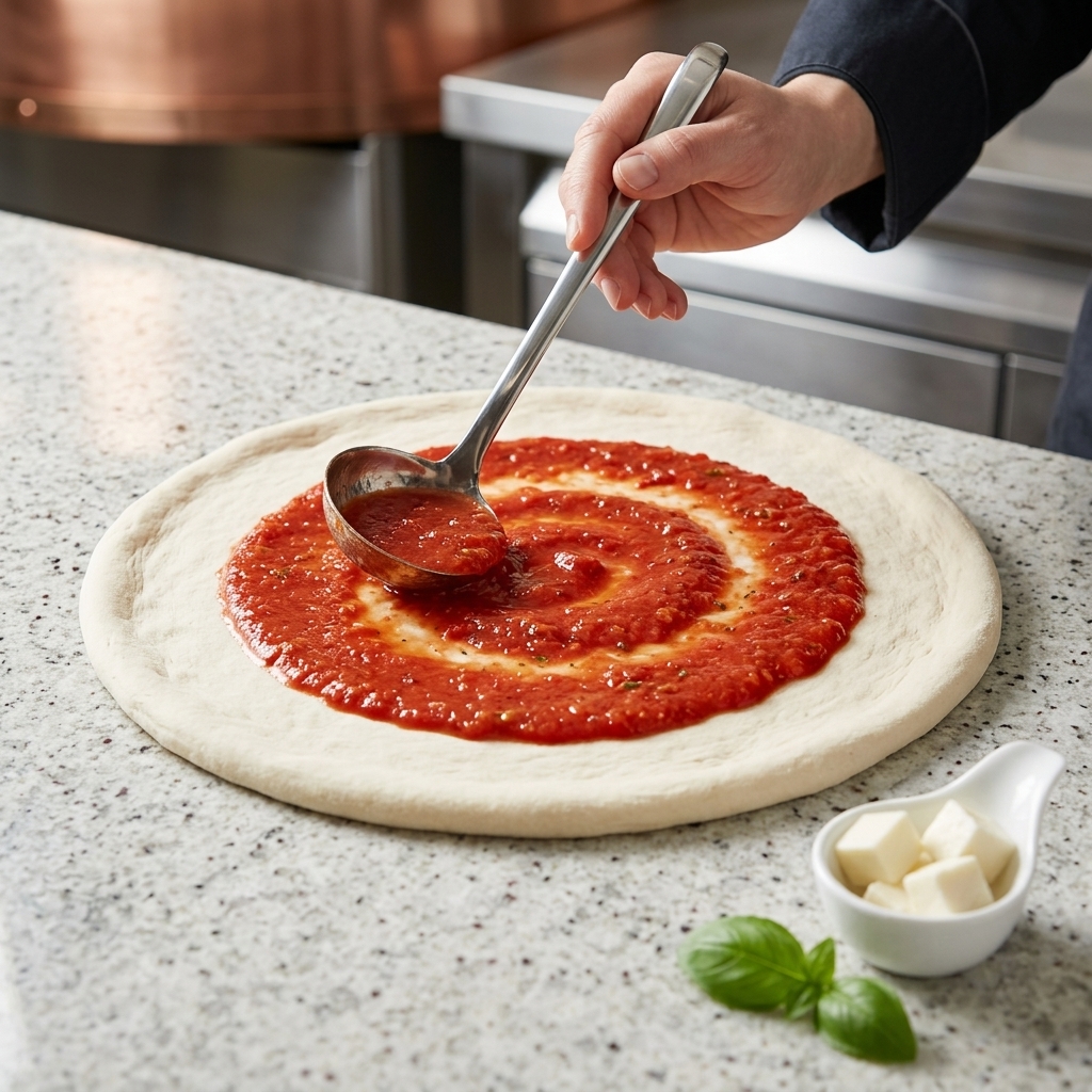 Salsa de tomate siendo extendida sobre una base de masa de pizza redonda con un cucharón.