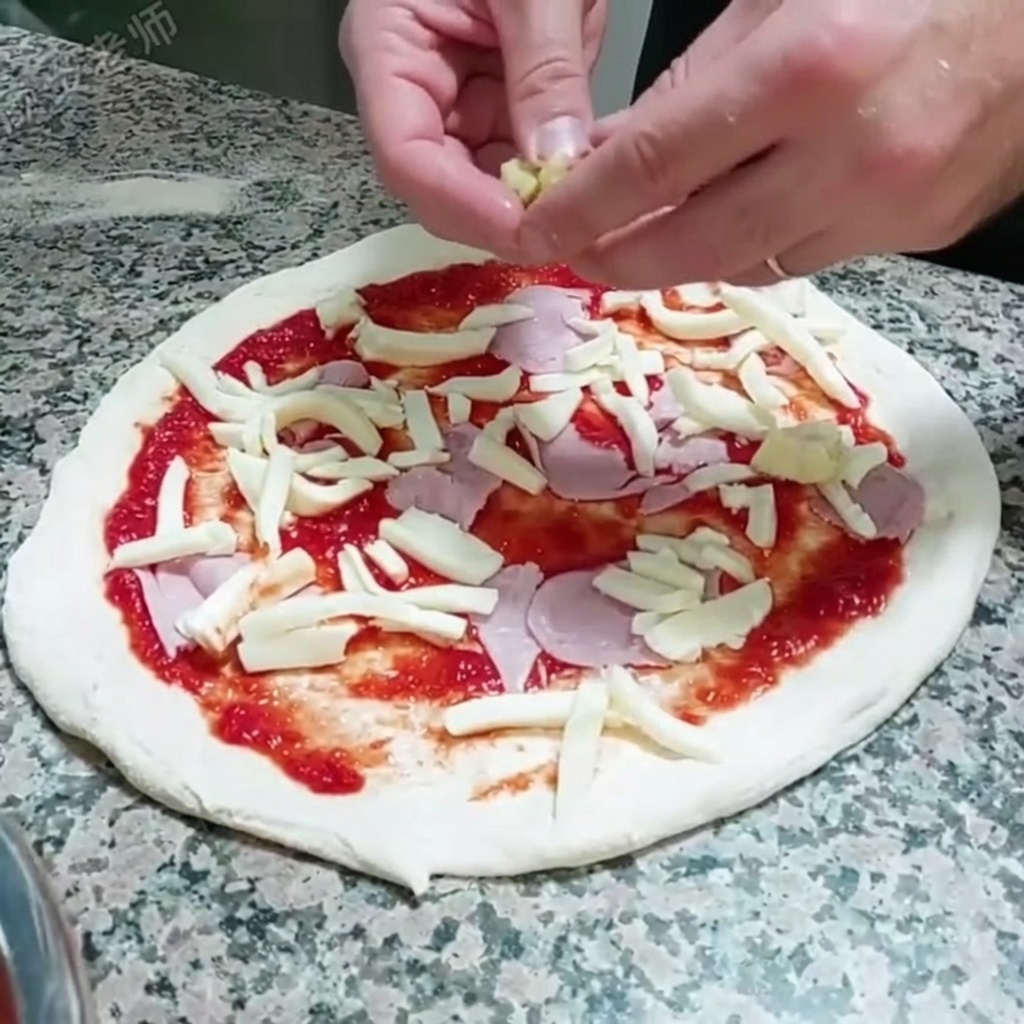 Trozos de corazón de alcachofa siendo dispuestos sobre el queso mozzarella y el jamón.