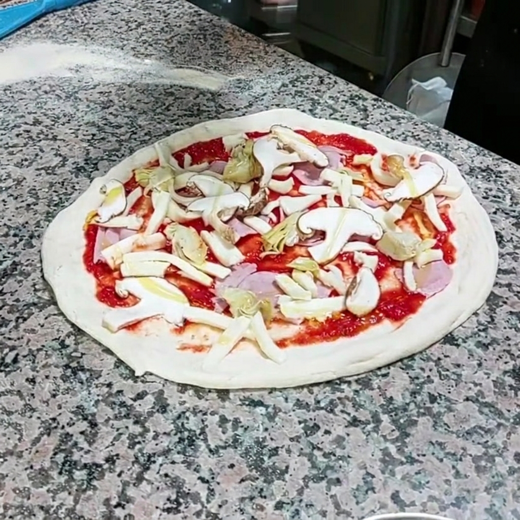Aceite de oliva siendo rociado en un hilo fino sobre los ingredientes de la pizza.