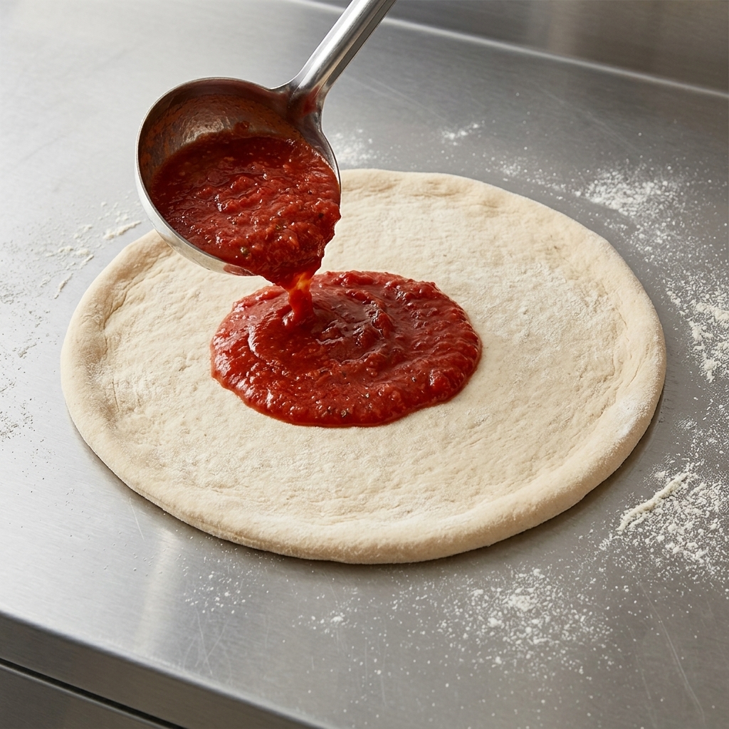 Un cucharón extendiendo rica salsa de tomate con un movimiento circular sobre masa de pizza fresca y cruda.