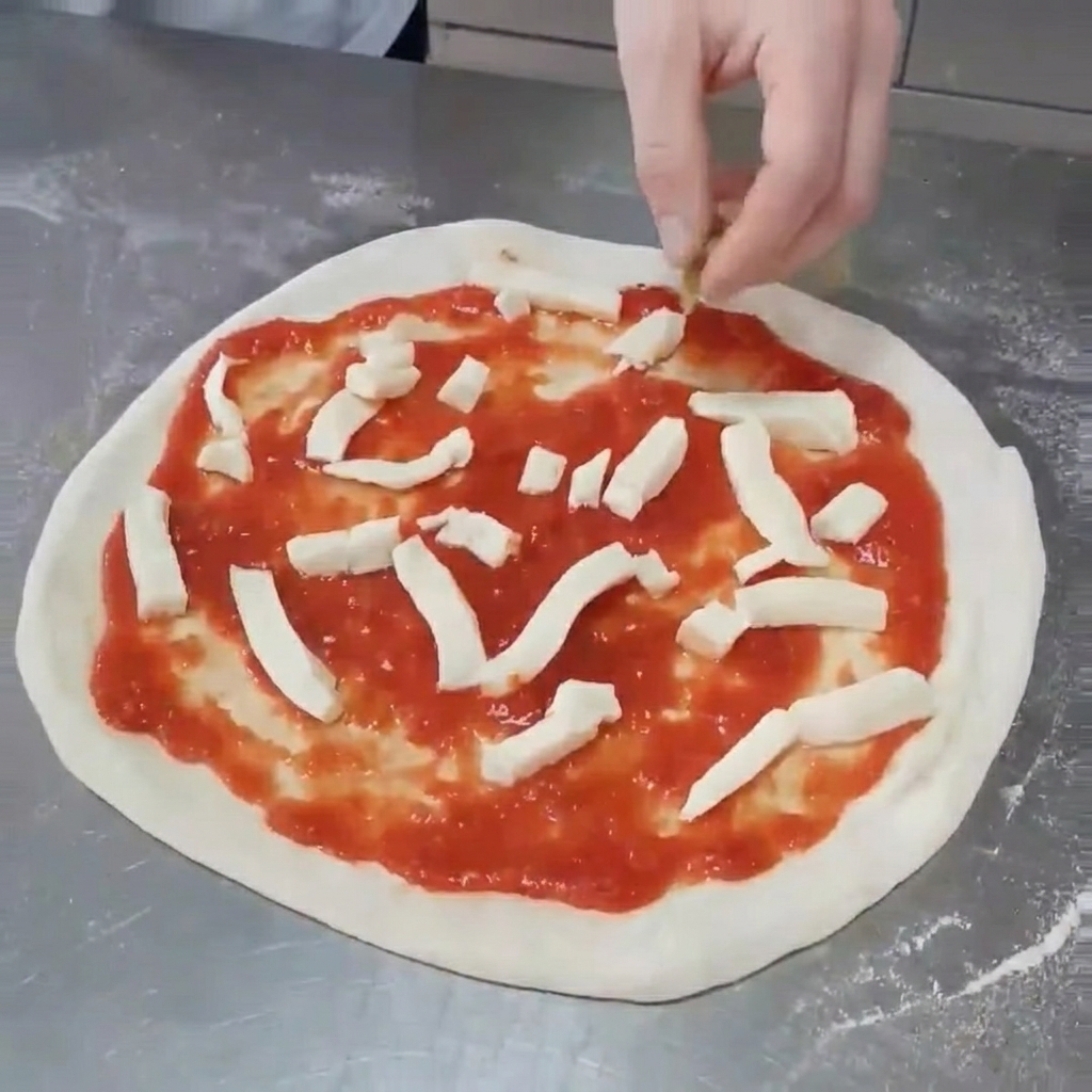 Mitades de alcachofa a la parrilla siendo colocadas cuidadosamente sobre la pizza, dispuestas sobre la mozzarella y la salsa.