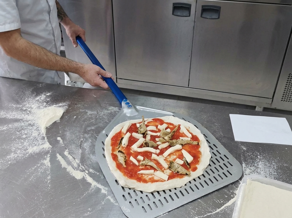 Una pala de metal introduciendo una pizza cruda en un horno profesional de pizza para hornear.
