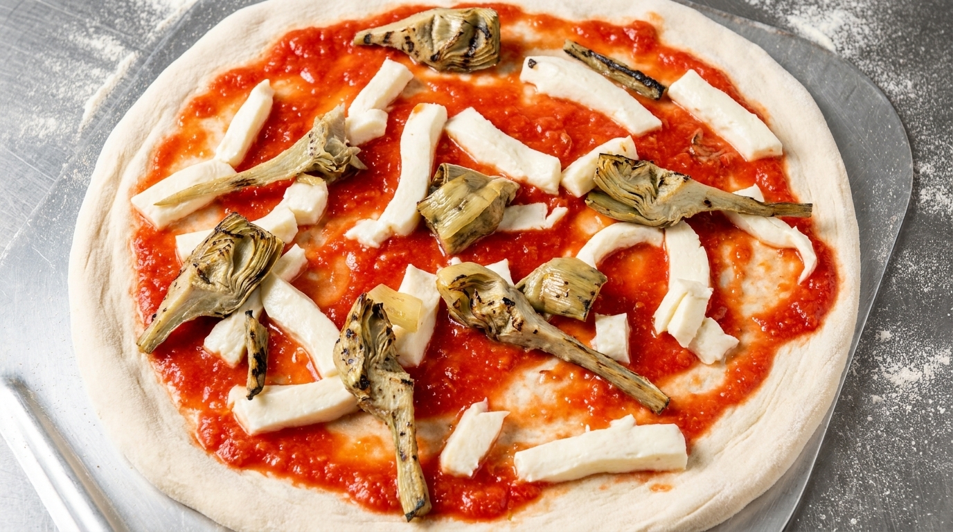 Pizza mediterránea de tomate y alcachofas a la parrilla