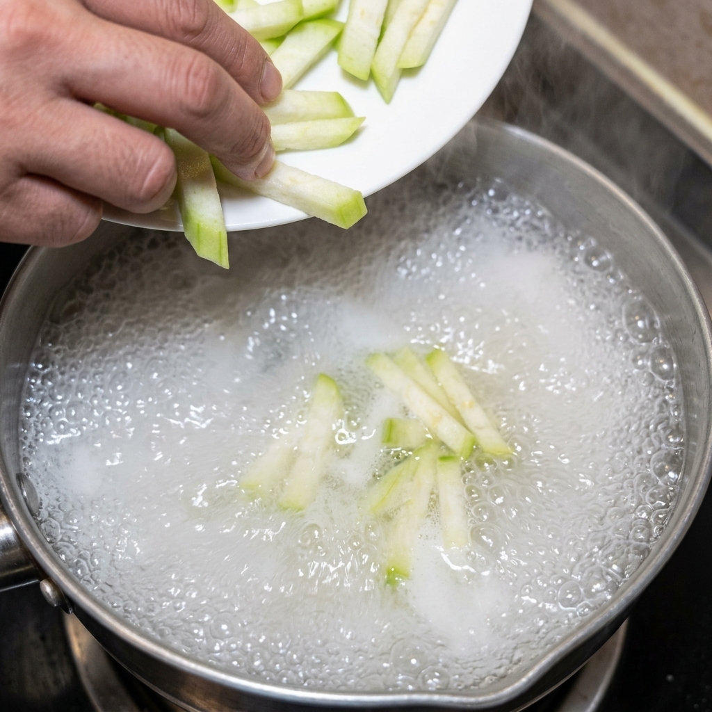Tiras de papa, calabacín y cebolla recién cortadas siendo añadidas a una olla con caldo hirviendo.