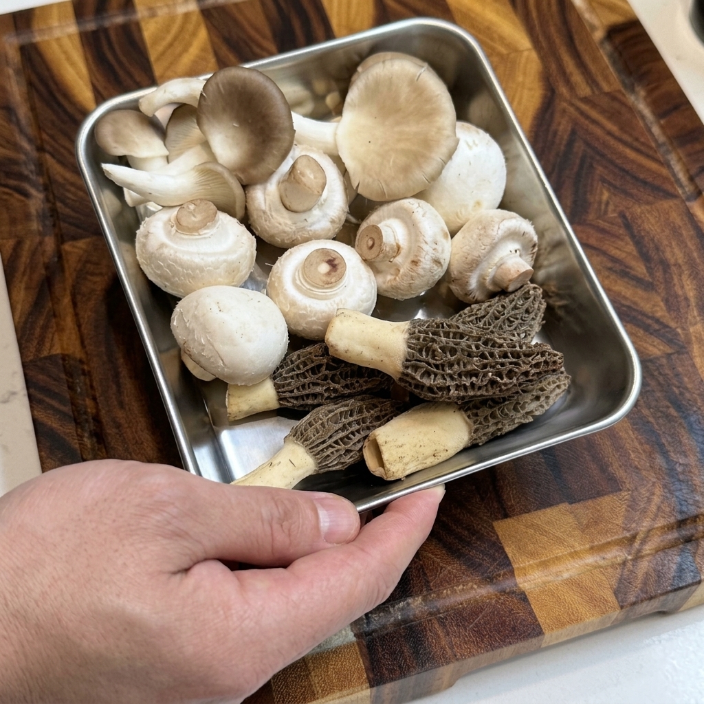 Bandeja con setas frescas variadas, incluyendo colmenillas cortadas por la mitad y champiñones rebanados.