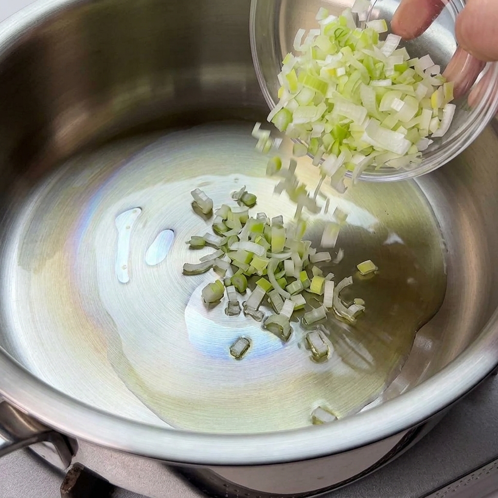 Puerros picados friéndose en aceite de oliva caliente dentro de una olla de acero inoxidable.