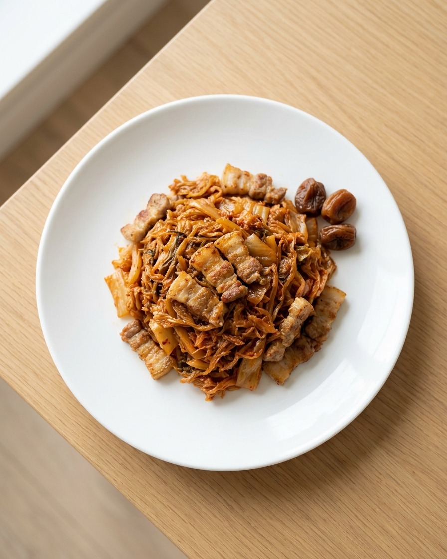 Extracto de ciruela siendo rociado sobre la mezcla de kimchi y panceta asada en un plato blanco.