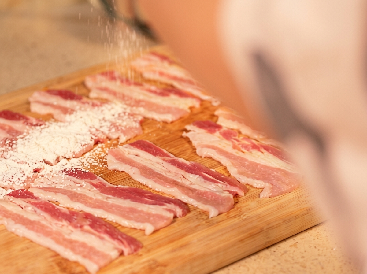 Rebanadas de panceta cruda sobre una tabla de cortar de madera, siendo ligeramente espolvoreadas con almidón.