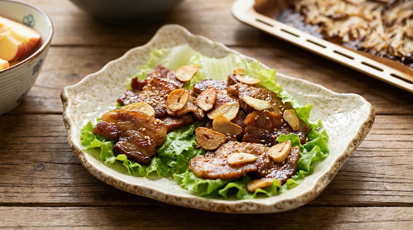 Panceta de Cerdo con Salsa de Soja y Champiñones Crujientes