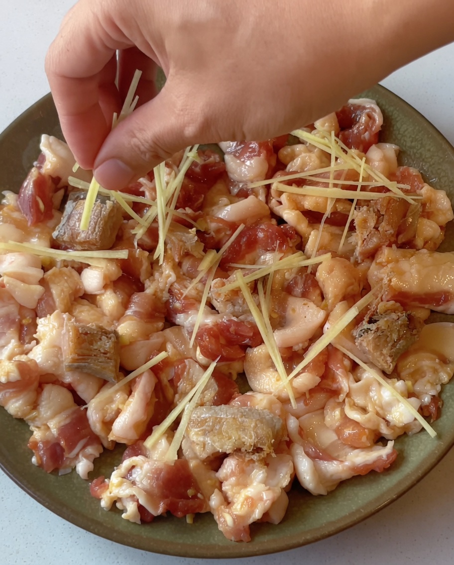 Tiras de jengibre esparcidas sobre un plato de panceta de cerdo sazonada y pescado salado, listo para la vaporera.