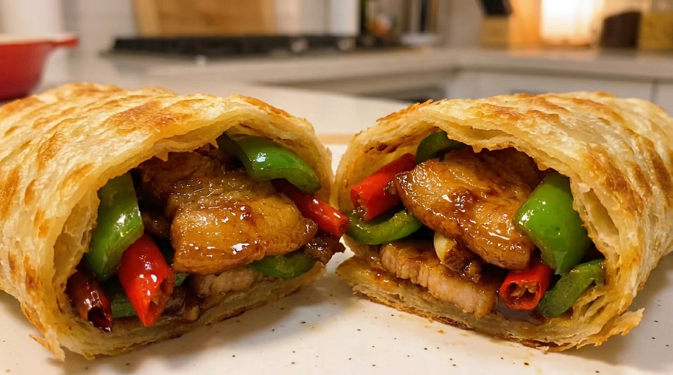 Wrap de Pancake de Cebolleta con Panceta Picante