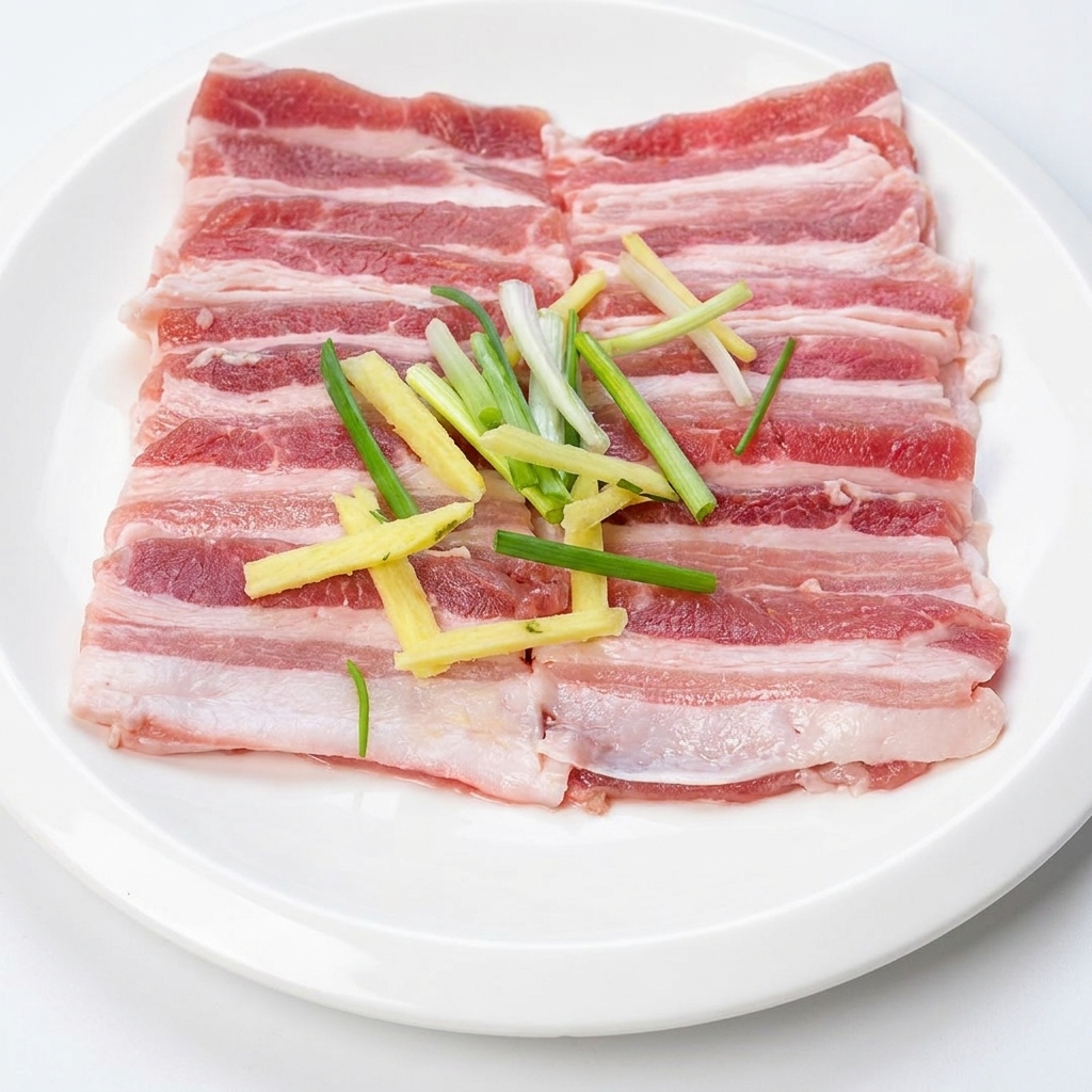 Rebanadas de panceta de cerdo sazonadas con jengibre, salsa de soja, salsa de ostras y condimento para barbacoa en un plato.