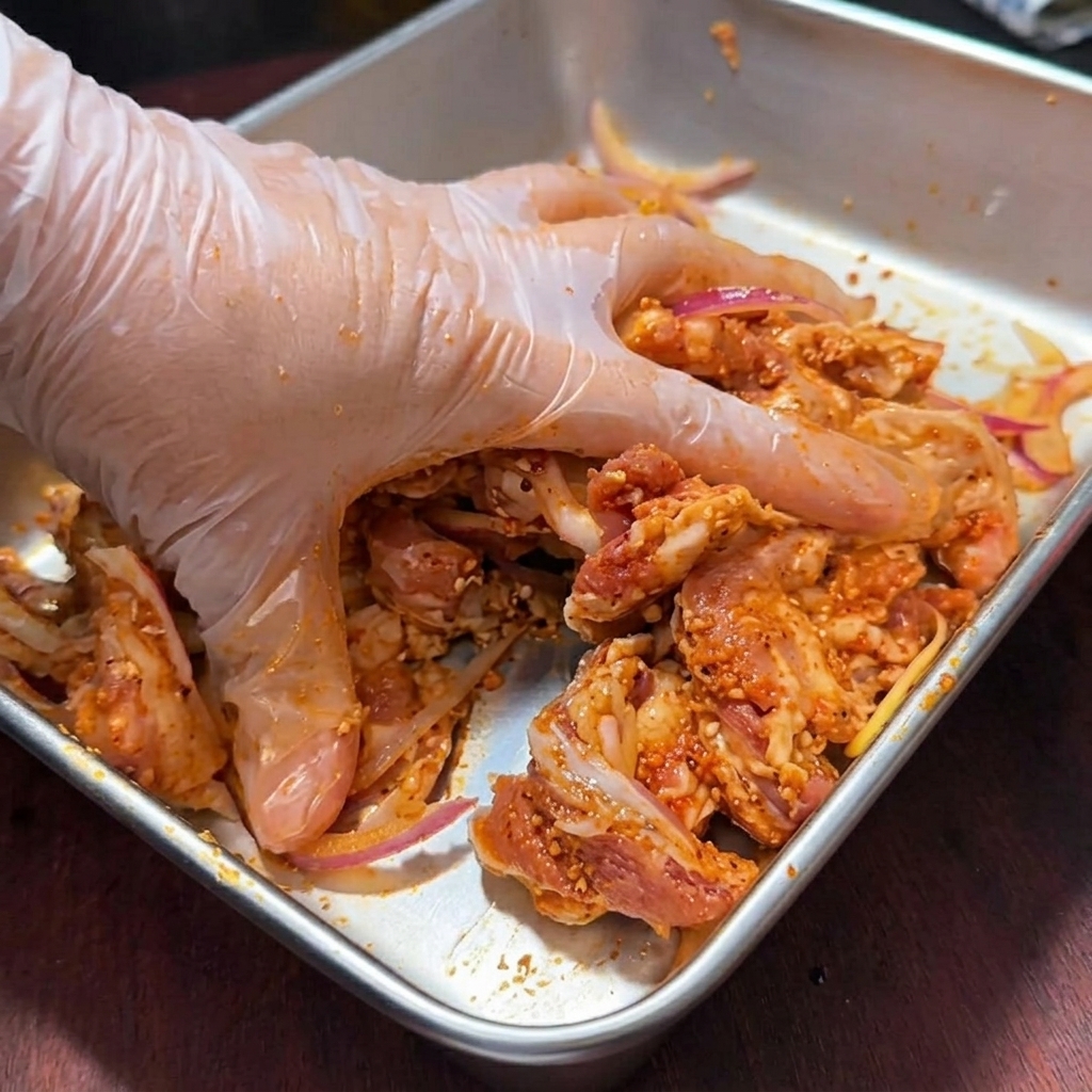 Rebanadas de panceta de cerdo cruda y sazonada dispuestas en una bandeja para hornear forrada con papel de aluminio.