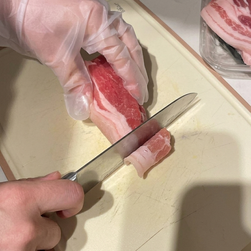 Manos con guantes usando un cuchillo de chef para cortar un bloque de panceta semicongelada en láminas finas sobre una tabla.