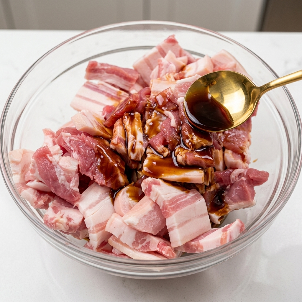 Láminas de panceta en un bol de cristal siendo mezcladas con salsas oscuras y especias con una cuchara dorada.