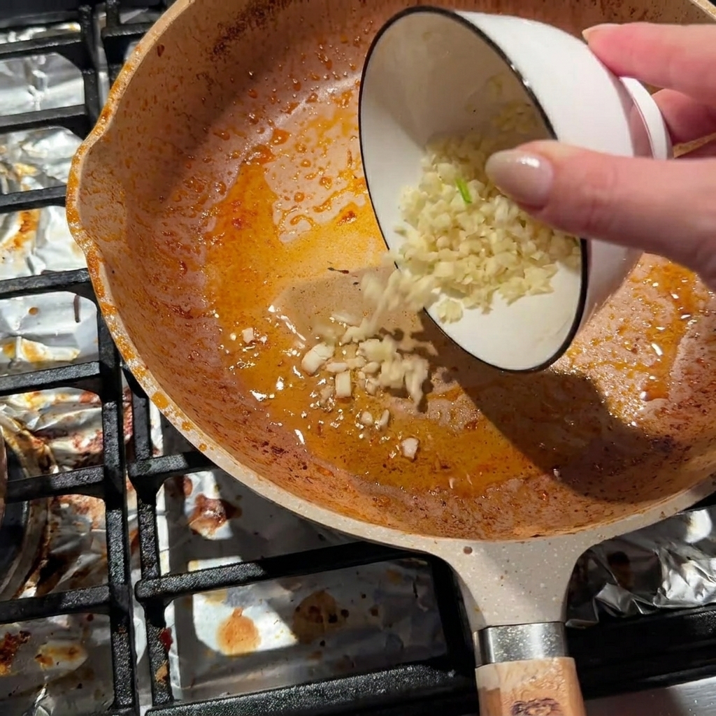 Vertiendo ajo recién picado desde un cuenco blanco hacia una sartén caliente con aceite residual para saltear.