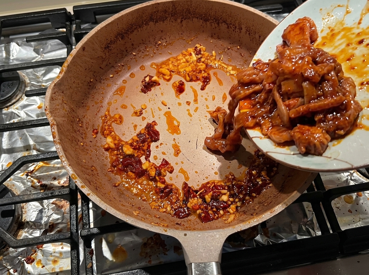 Salteando la panceta condimentada con verduras a fuego alto.