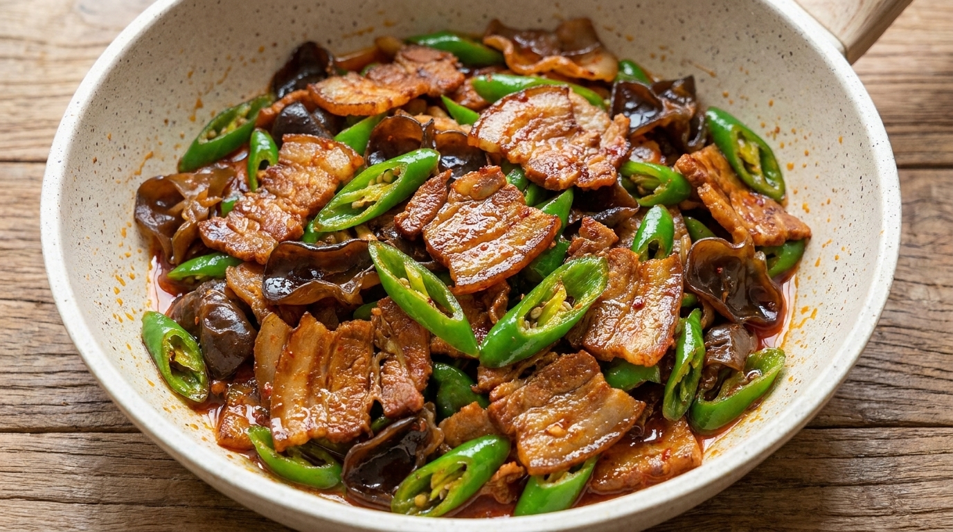 Cerdo salteado con chiles y oreja de madera