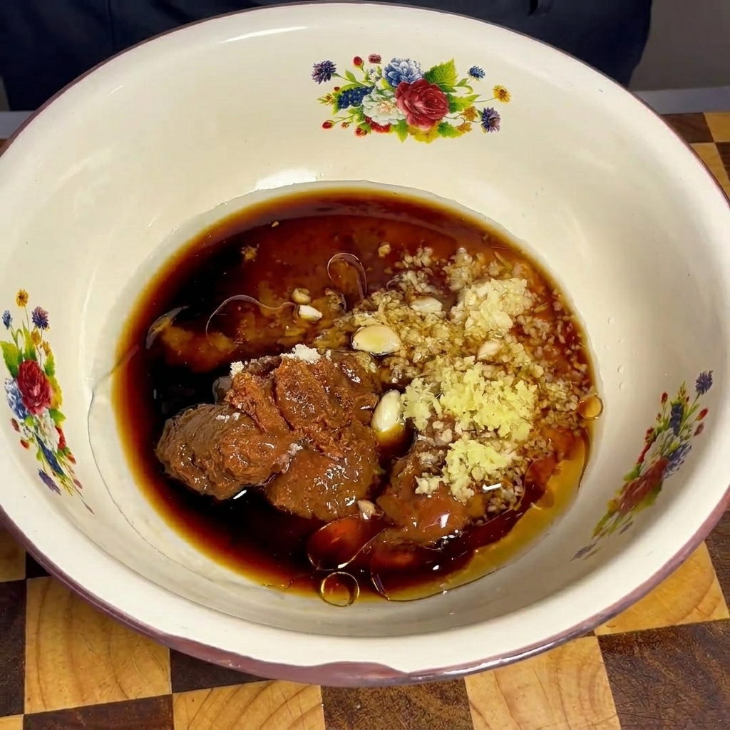 La mezcla de marinado terminada en el cuenco, mostrando una salsa marrón suave y consistente con trozos visibles de aromáticos.