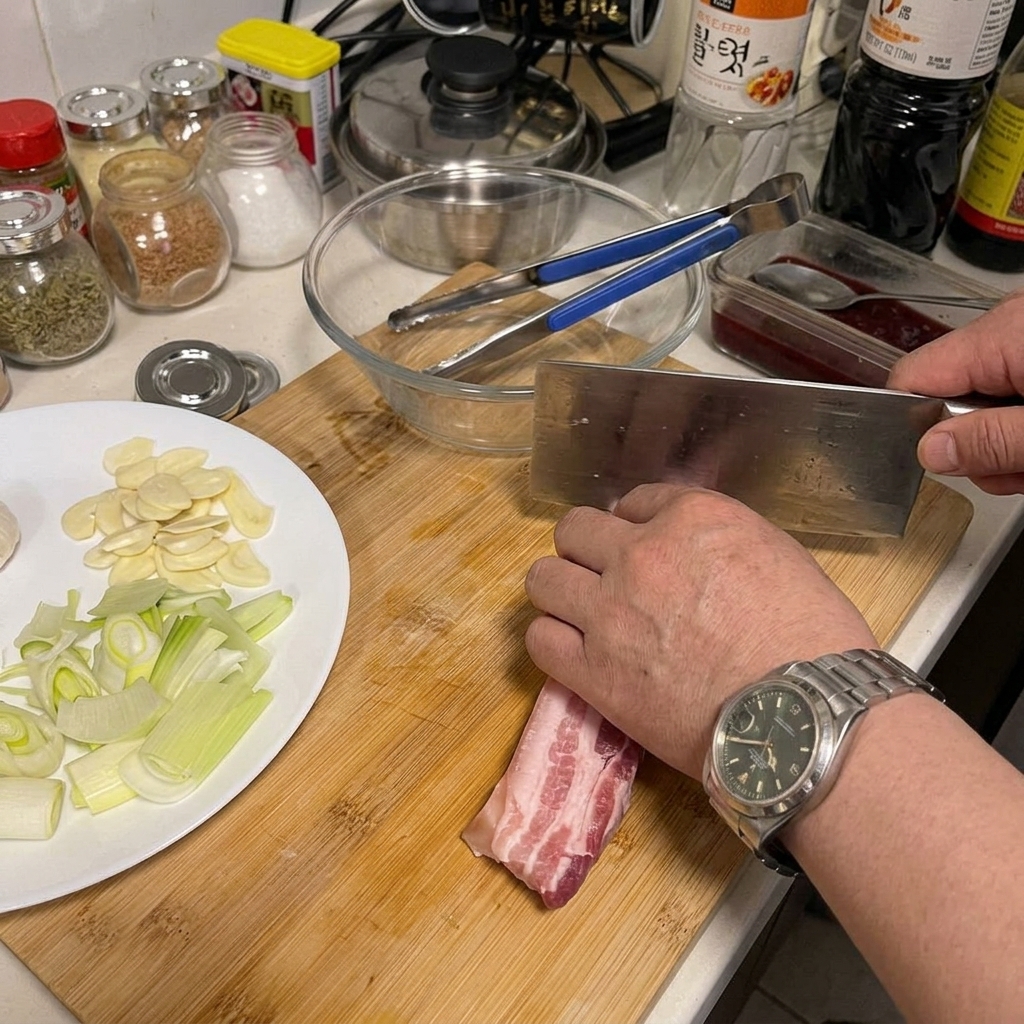 Manos usando un cuchillo grande para cortar rodajas gruesas de panceta cruda sobre una tabla de madera.