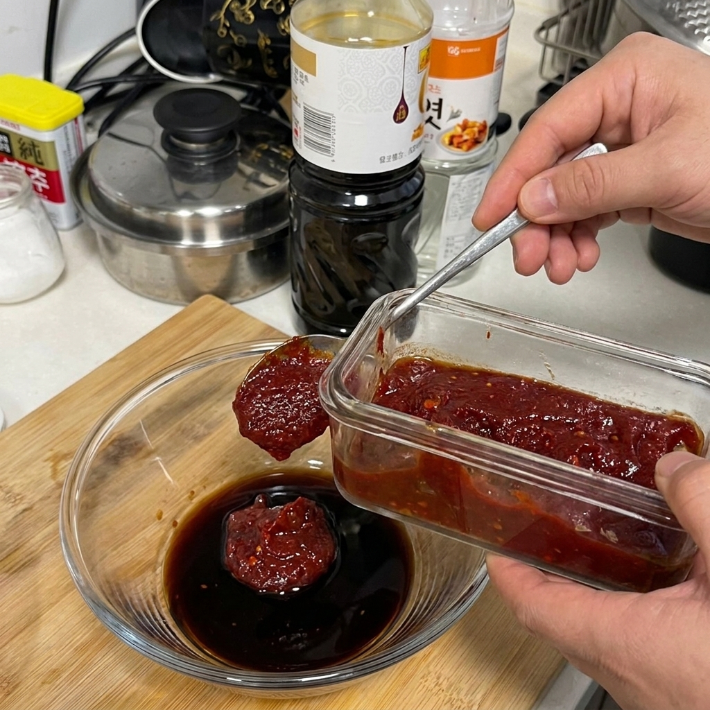 Una cucharada de pasta de chile rojo espesa sobre un cuenco con salsa de soja.