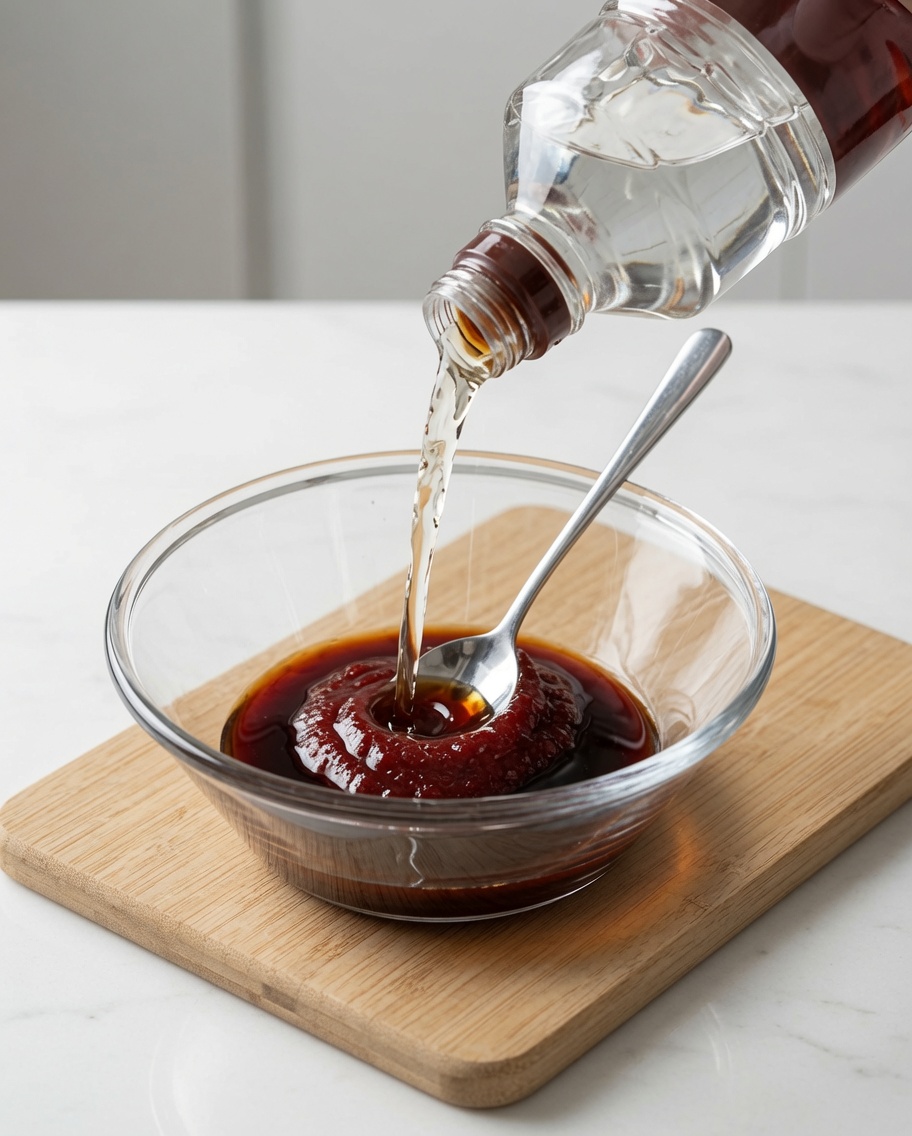 Jarabe de maíz transparente siendo vertido en un cuenco con la mezcla de pasta de chile rojo.
