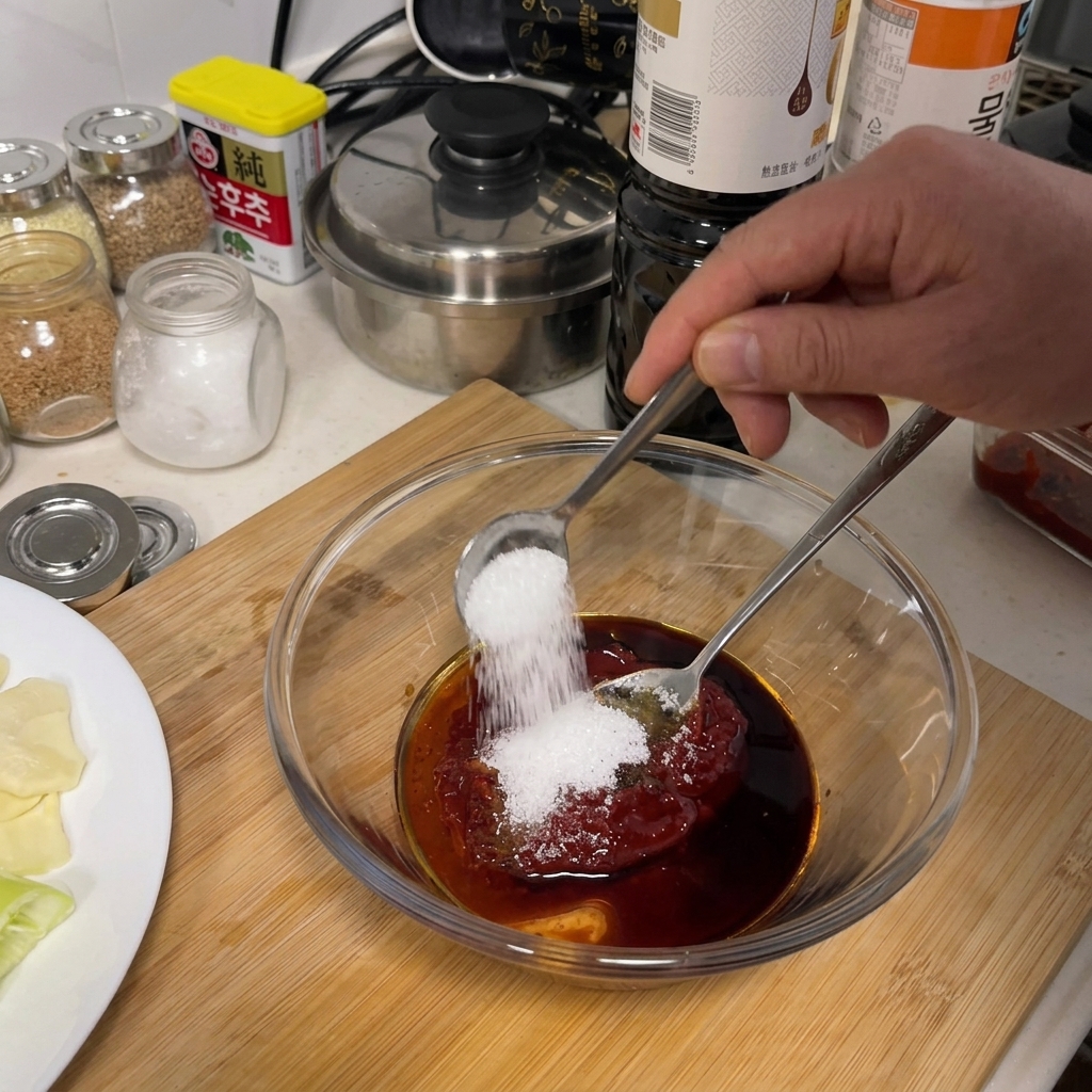 Una cuchara esparciendo azúcar blanco sobre un cuenco de cristal con salsa roja oscura.