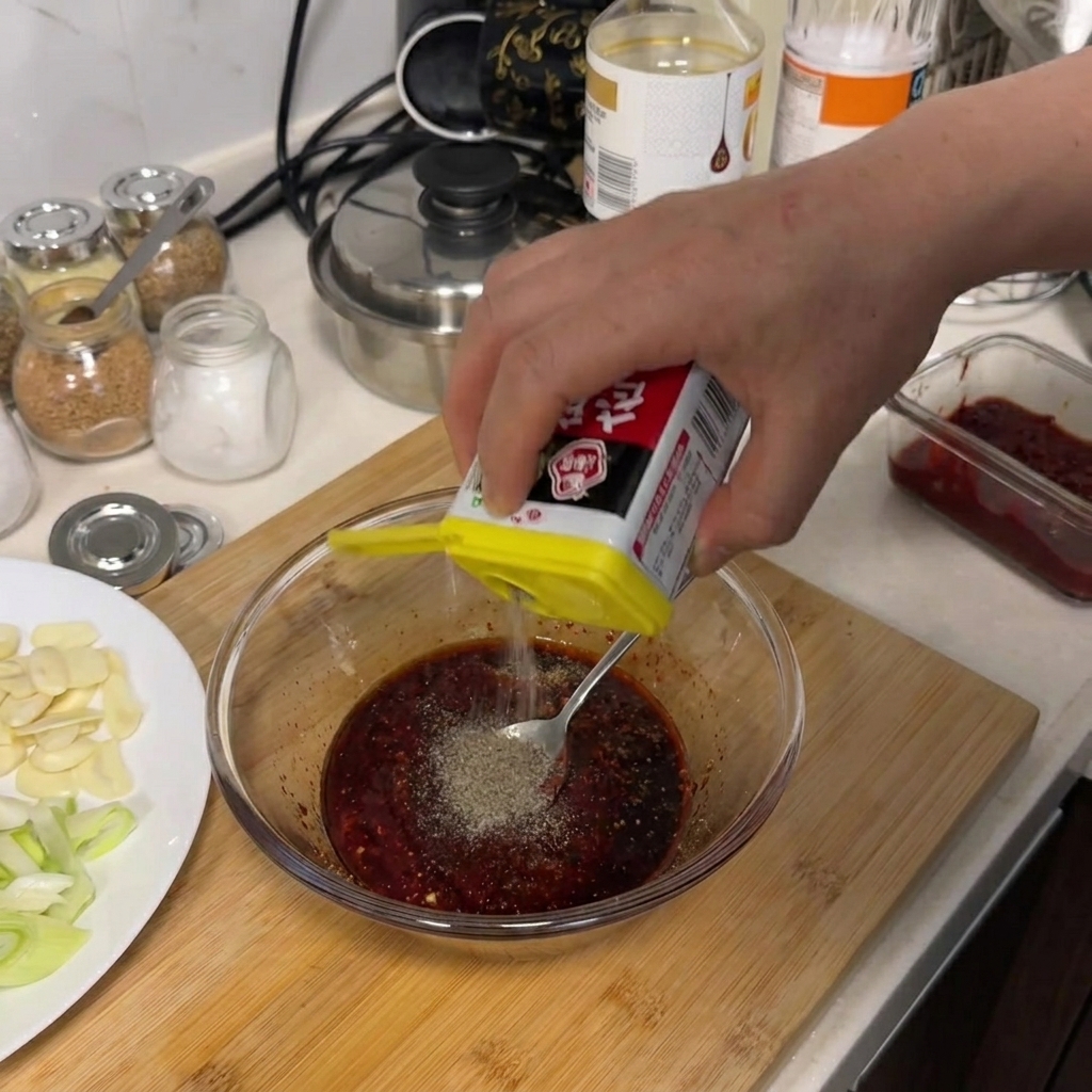 Primer plano de pimienta negra en polvo siendo espolvoreada desde un envase amarillo hacia un cuenco de cristal con salsa roja.