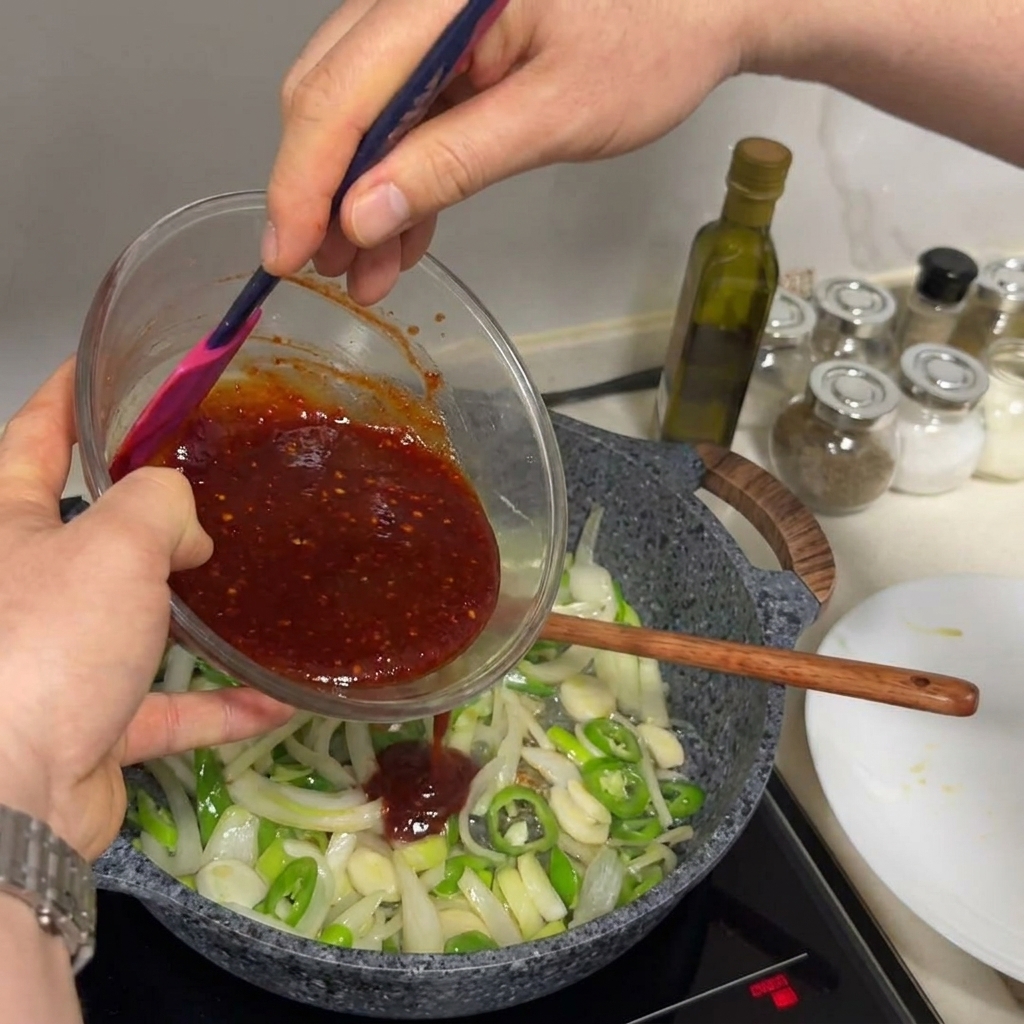 Salsa roja espesa siendo vertida desde un cuenco de cristal a una sartén caliente con verduras salteadas.
