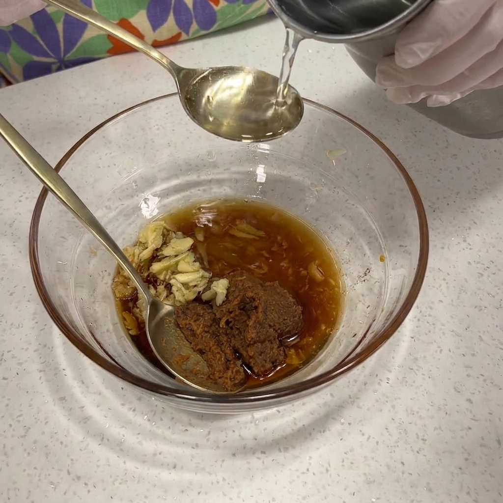 Varios condimentos mezclados en un cuenco de cristal con una cuchara de metal.
